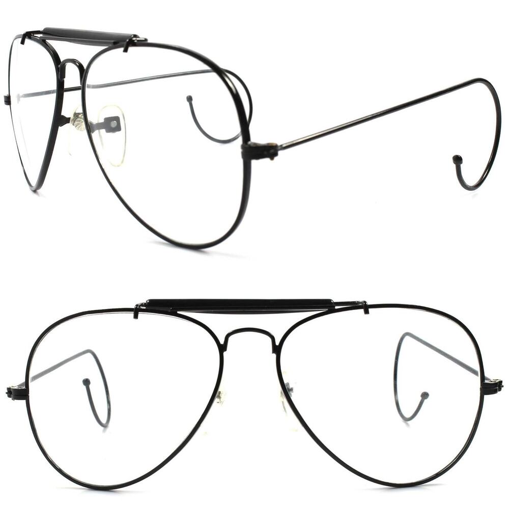 Black Vintage Retro 80s Aviation Style Flexible Ear Loop Wrap Clear lens glasses
